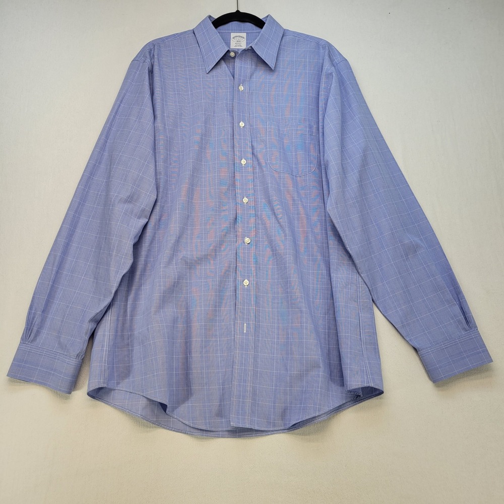 Brooks Brothers Dress Shirt Mens 17 6/7 Blue Plaid Regent Non-Iron Cotton